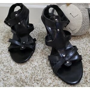 Women's Franco Sarto Black Leather Strappy High Heels Sz 7M 4-In Heel